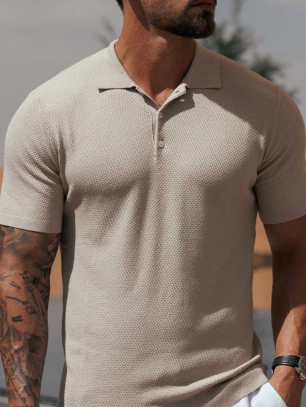 NWT Men's Textured Short-Sleeve Polo in Light Beige